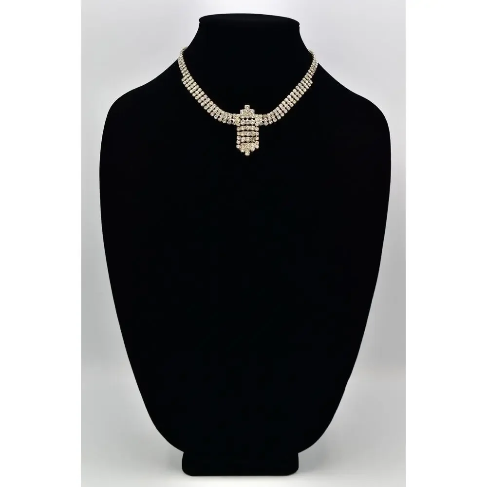 Vintage Crystal Collar Choker Necklace Rhinestone Silver Chunky Glam 1980s BinBJ